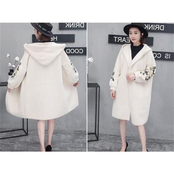 レディース アウター フード付き コート ミディ丈 刺繍 カジュアル 大人可愛い ホワイト ブラック ブラウン フリーサイズ 送料無料