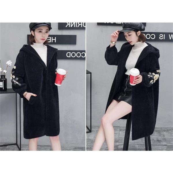 レディース アウター フード付き コート ミディ丈 刺繍 カジュアル 大人可愛い ホワイト ブラック ブラウン フリーサイズ 送料無料