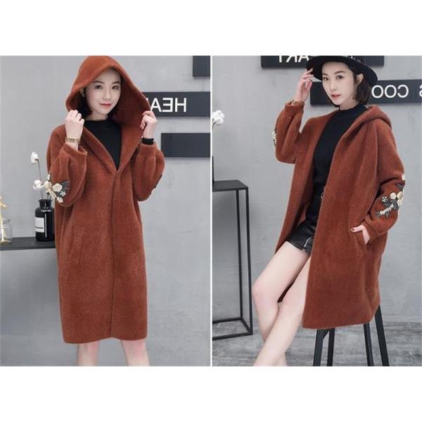 レディース アウター フード付き コート ミディ丈 刺繍 カジュアル 大人可愛い ホワイト ブラック ブラウン フリーサイズ 送料無料