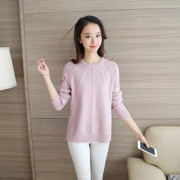 レディース トップス セーター ニット 長袖 無地 ラウンドネック エレガント ピンク ブルー グレー ベージュ ホワイト フリーサイズ 送料無料