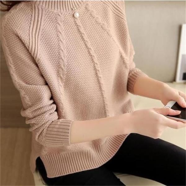 レディース トップス セーター ニット 長袖 無地 ラウンドネック エレガント ピンク ブルー グレー ベージュ ホワイト フリーサイズ 送料無料