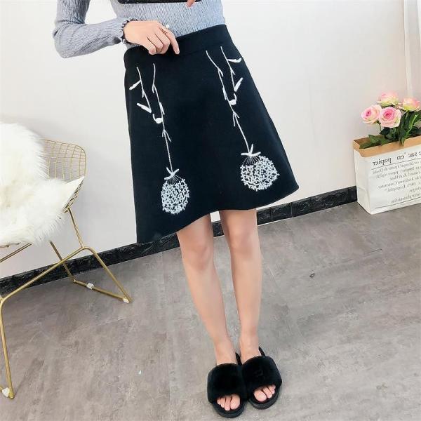 レディース ボトムス スカート 膝上 ウール 刺繍 カジュアル 大人可愛い フェミニン オフィス デイリー ブラック フリーサイズ 送料無料