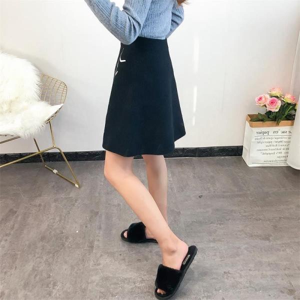 レディース ボトムス スカート 膝上 ウール 刺繍 カジュアル 大人可愛い フェミニン オフィス デイリー ブラック フリーサイズ 送料無料