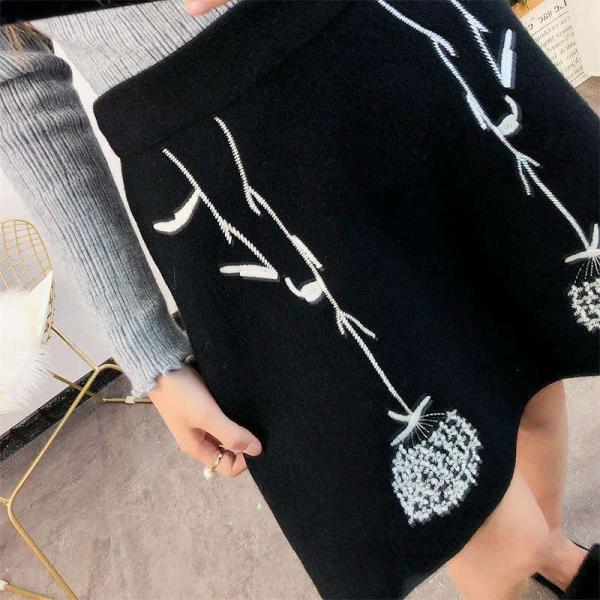 レディース ボトムス スカート 膝上 ウール 刺繍 カジュアル 大人可愛い フェミニン オフィス デイリー ブラック フリーサイズ 送料無料