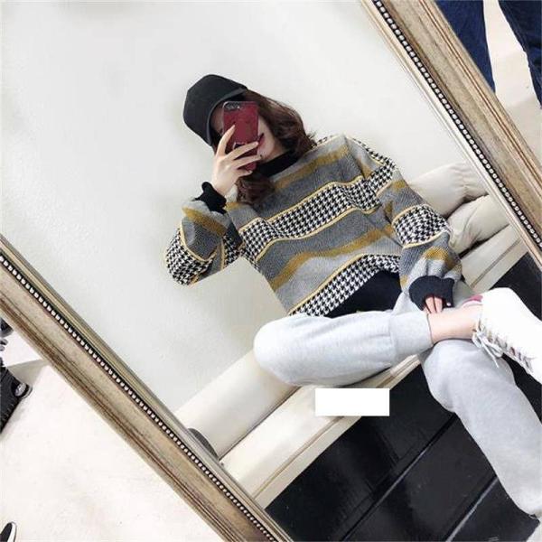 レディース トップス セーター ニット 長袖 ボーダー ラウンドネック ゆったり カジュアル 大人可愛い デイリー グレー フリーサイズ 送料無料