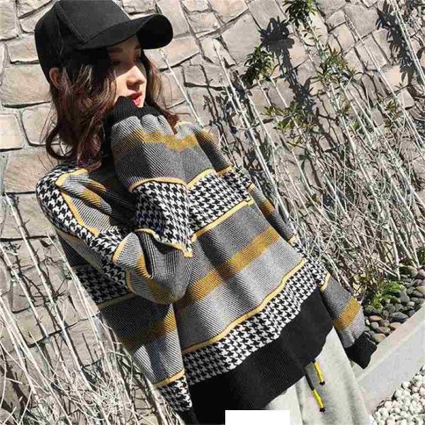 レディース トップス セーター ニット 長袖 ボーダー ラウンドネック ゆったり カジュアル 大人可愛い デイリー グレー フリーサイズ 送料無料