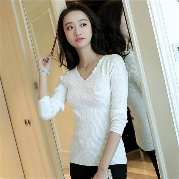 レディース トップス セーター ニット 長袖 無地 Vネック スリム カジュアル 大人 ホワイト グレー ブラック ピンク フリーサイズ 送料無料