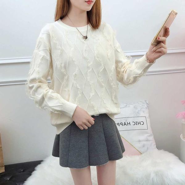 レディース トップス セーター ニット 長袖 無地 ラウンドネック ゆったり デイリー ホワイト ベージュ イエロー フリーサイズ 送料無料