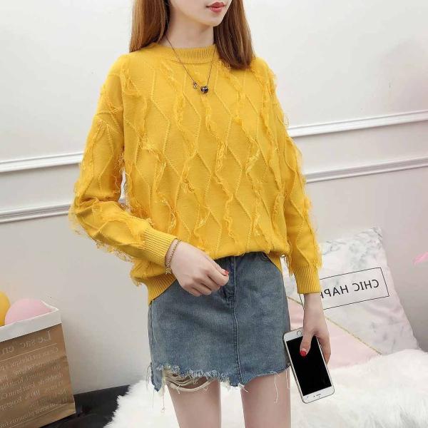 レディース トップス セーター ニット 長袖 無地 ラウンドネック ゆったり デイリー ホワイト ベージュ イエロー フリーサイズ 送料無料