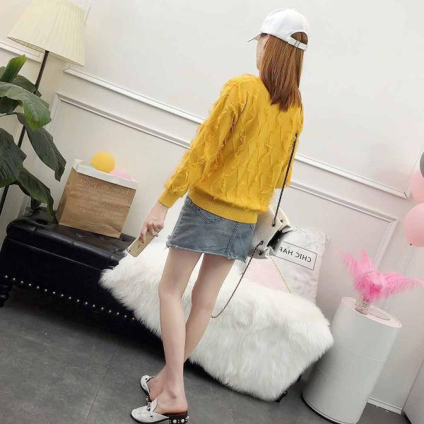 レディース トップス セーター ニット 長袖 無地 ラウンドネック ゆったり デイリー ホワイト ベージュ イエロー フリーサイズ 送料無料