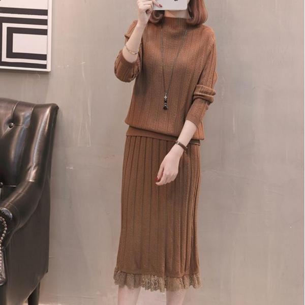 レディースツーピース ニットロングプリーツ スカート レース 長袖 無地 ラウンドネック カーキ ベージュ ブラウンブラック フリーサイズ 送料無料