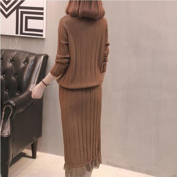 レディースツーピース ニットロングプリーツ スカート レース 長袖 無地 ラウンドネック カーキ ベージュ ブラウンブラック フリーサイズ 送料無料