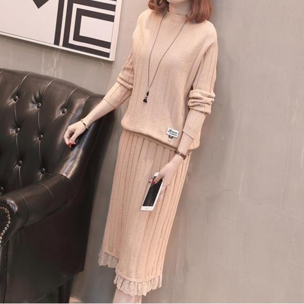 レディースツーピース ニットロングプリーツ スカート レース 長袖 無地 ラウンドネック カーキ ベージュ ブラウンブラック フリーサイズ 送料無料