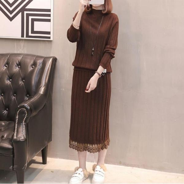 レディースツーピース ニットロングプリーツ スカート レース 長袖 無地 ラウンドネック カーキ ベージュ ブラウンブラック フリーサイズ 送料無料
