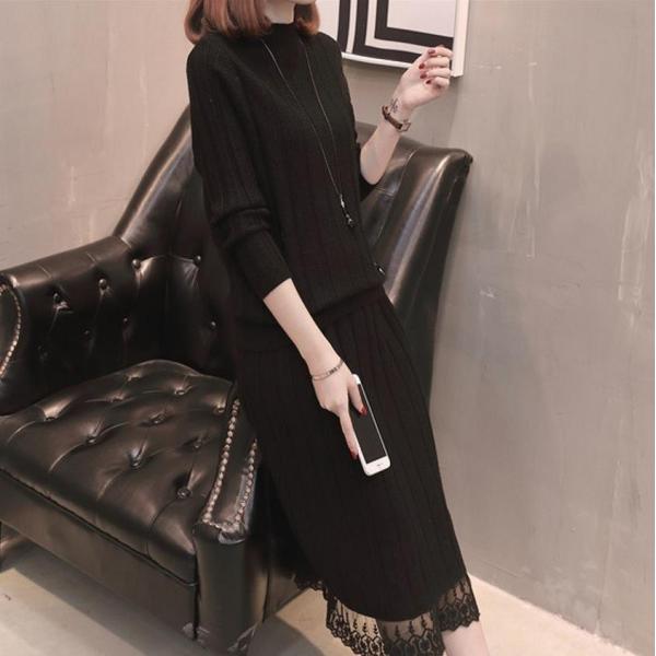 レディースツーピース ニットロングプリーツ スカート レース 長袖 無地 ラウンドネック カーキ ベージュ ブラウンブラック フリーサイズ 送料無料