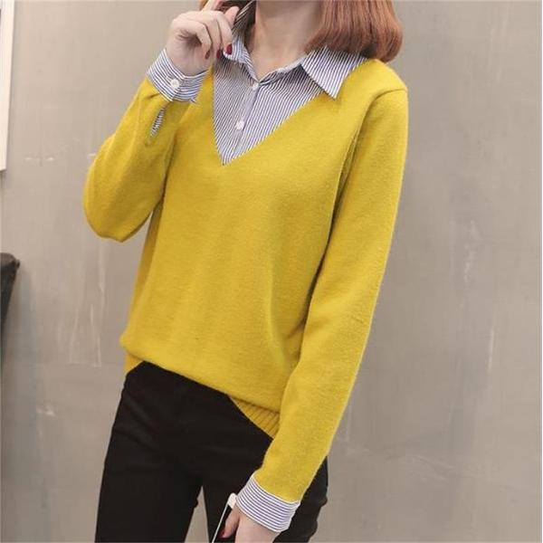 レディース トップス 重ね着風 Vネック 無地 セーター ニット 長袖 ストライプ シャツ フリーサイズ 送料無料