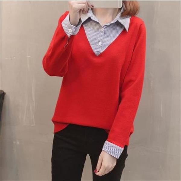 レディース トップス 重ね着風 Vネック 無地 セーター ニット 長袖 ストライプ シャツ フリーサイズ 送料無料