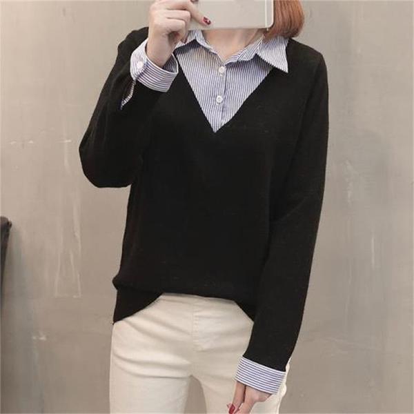 レディース トップス 重ね着風 Vネック 無地 セーター ニット 長袖 ストライプ シャツ フリーサイズ 送料無料