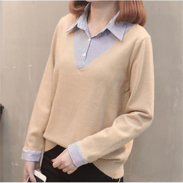 レディース トップス 重ね着風 Vネック 無地 セーター ニット 長袖 ストライプ シャツ フリーサイズ 送料無料