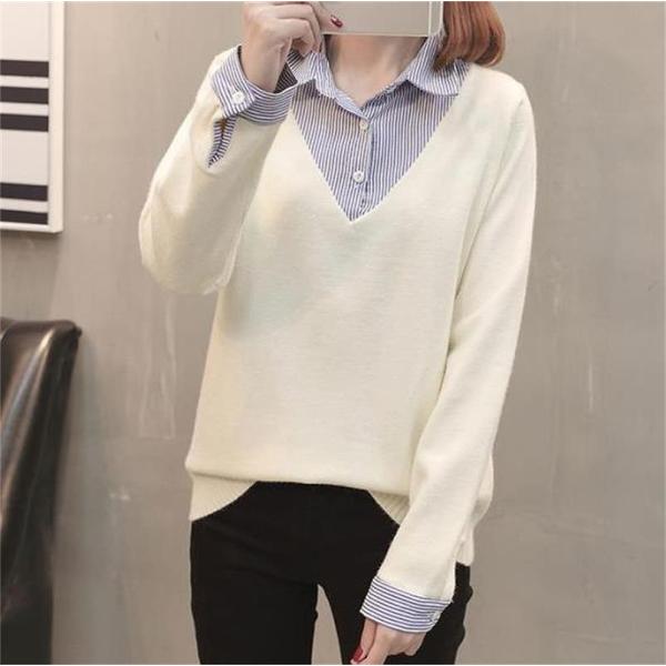 レディース トップス 重ね着風 Vネック 無地 セーター ニット 長袖 ストライプ シャツ フリーサイズ 送料無料