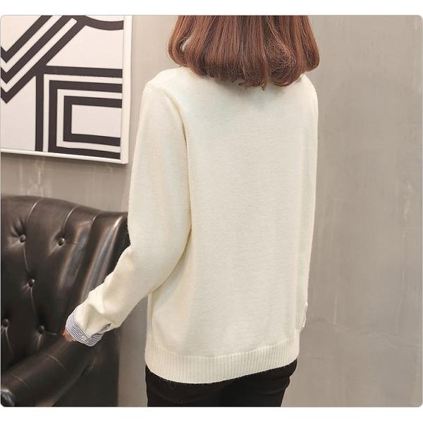 レディース トップス 重ね着風 Vネック 無地 セーター ニット 長袖 ストライプ シャツ フリーサイズ 送料無料