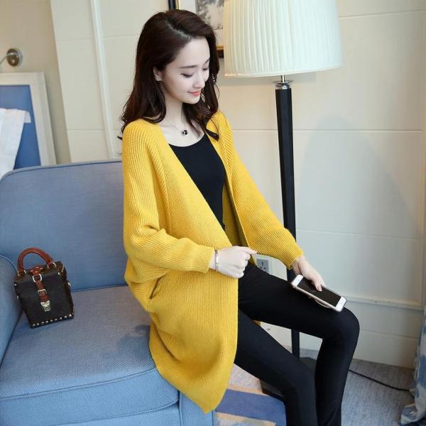 レディーストップス ロングドルマン カーディガン ニット 長袖 無地ピンク ブラック ベージュ ホワイト ブルー イエロー フリーサイズ 送料無料