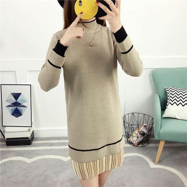 レディース ワンピース ニット ミディ丈 プリーツ スカート 長袖 無地 ラウンドネック ベージュ ブラウン ブラック フリーサイズ 送料無料