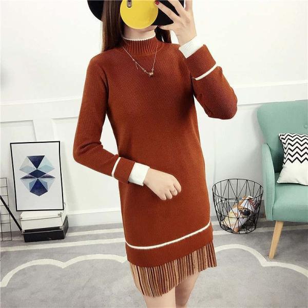 レディース ワンピース ニット ミディ丈 プリーツ スカート 長袖 無地 ラウンドネック ベージュ ブラウン ブラック フリーサイズ 送料無料