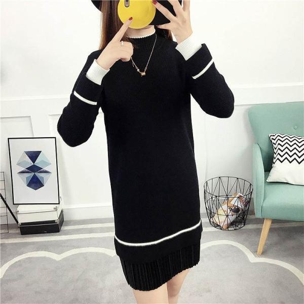 レディース ワンピース ニット ミディ丈 プリーツ スカート 長袖 無地 ラウンドネック ベージュ ブラウン ブラック フリーサイズ 送料無料