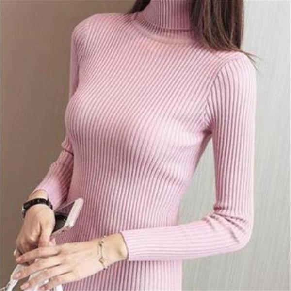 レディース トップス セーター ニット 長袖 無地 タートルネック スリム カジュアル グレー ピンク ブラック ホワイト フリーサイズ 送料無料