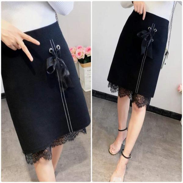 レディース スカート ハイウエスト レース タイト スリム ひざ丈 ミディ丈 リボン ブラック フリーサイズ ワンサイズ 送料無料