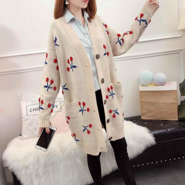 レディース カーディガン 厚手 ロング丈 ニット ジャケット アウター 羽織 長袖 トップス レッド ベージュ フリーサイズ ワンサイズ 送料無料