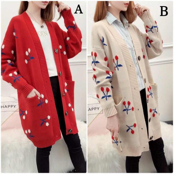 レディース カーディガン 厚手 ロング丈 ニット ジャケット アウター 羽織 長袖 トップス レッド ベージュ フリーサイズ ワンサイズ 送料無料