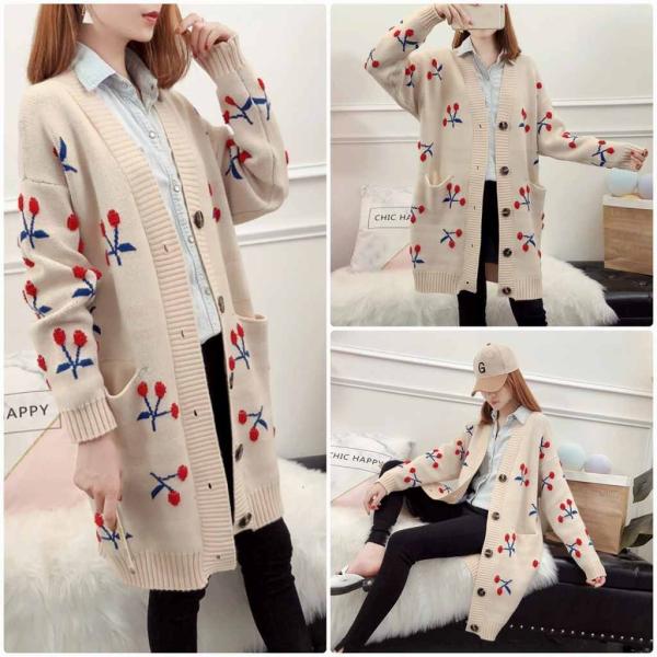 レディース カーディガン 厚手 ロング丈 ニット ジャケット アウター 羽織 長袖 トップス レッド ベージュ フリーサイズ ワンサイズ 送料無料