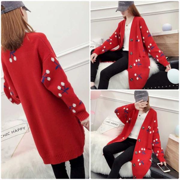 レディース カーディガン 厚手 ロング丈 ニット ジャケット アウター 羽織 長袖 トップス レッド ベージュ フリーサイズ ワンサイズ 送料無料