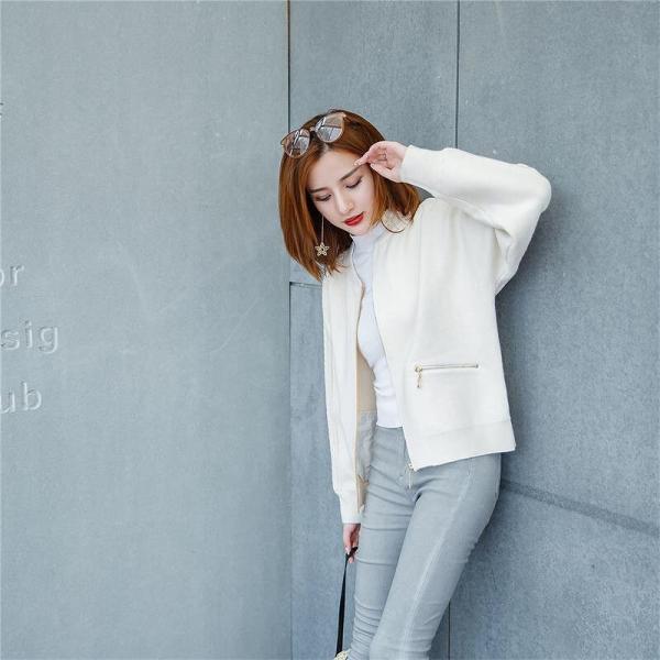 レディース カーディガン ジッパー ニット ジャケット アウター 羽織 長袖 ホワイト ピンク ブラック フリーサイズ ワンサイズ 送料無料