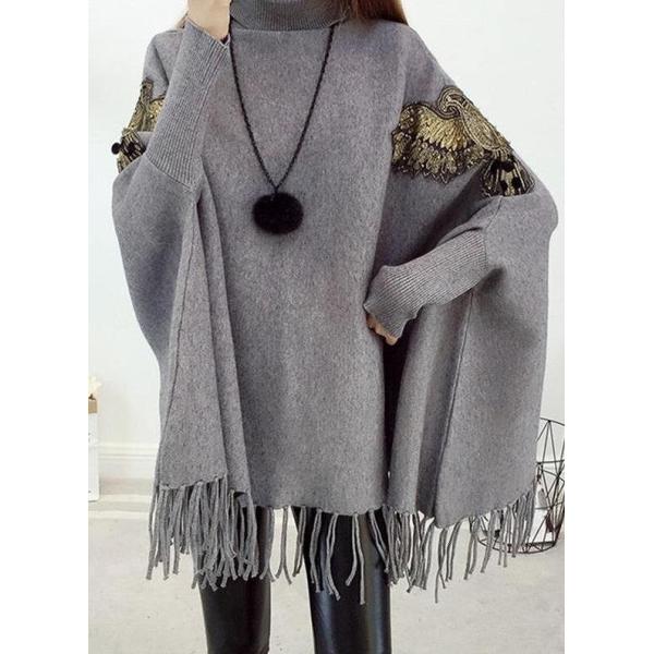レディース ポンチョ 袖リブ付き ハイネック ニット フリンジ付き 羽織 長袖 フリーサイズ ワンサイズ 送料無料