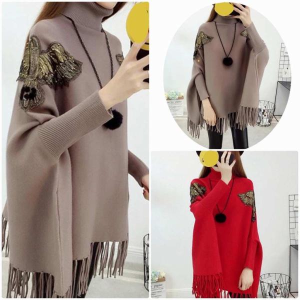 レディース ポンチョ 袖リブ付き ハイネック ニット フリンジ付き 羽織 長袖 フリーサイズ ワンサイズ 送料無料