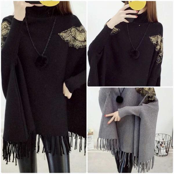 レディース ポンチョ 袖リブ付き ハイネック ニット フリンジ付き 羽織 長袖 フリーサイズ ワンサイズ 送料無料