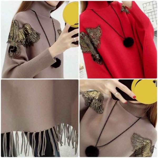 レディース ポンチョ 袖リブ付き ハイネック ニット フリンジ付き 羽織 長袖 フリーサイズ ワンサイズ 送料無料