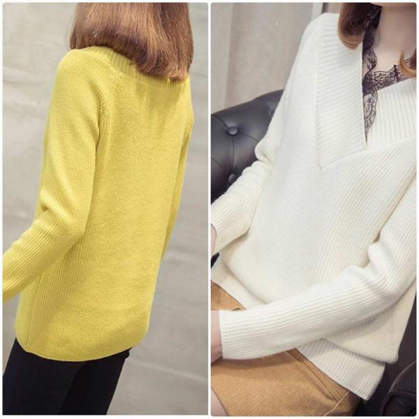 レディース Vネック ニット セーター スリム タイト 長袖 秋 冬 ブラック ベージュ ホワイト イエロー ブラウン フリーサイズ 送料無料