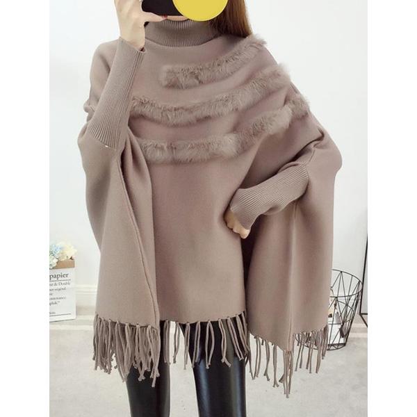 レディース ポンチョ 袖リブ付き タートルネック ニット フリンジ付き 羽織 長袖 カーキ レッド グレー ブラック フリーサイズ ワンサイズ