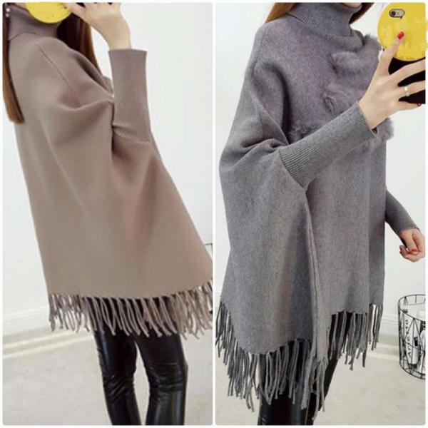 レディース ポンチョ 袖リブ付き タートルネック ニット フリンジ付き 羽織 長袖 カーキ レッド グレー ブラック フリーサイズ ワンサイズ