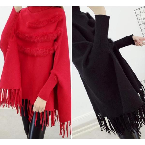 レディース ポンチョ 袖リブ付き タートルネック ニット フリンジ付き 羽織 長袖 カーキ レッド グレー ブラック フリーサイズ ワンサイズ
