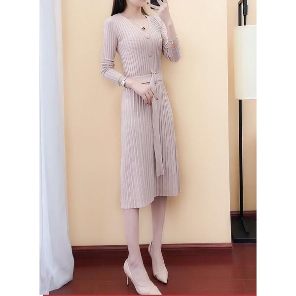 レディース ワンピース ニットワンピ ミディ丈 無地 長袖 ブラック ブラウン カーキ ライトブラウン フリーサイズ ワンサイズ 送料無料