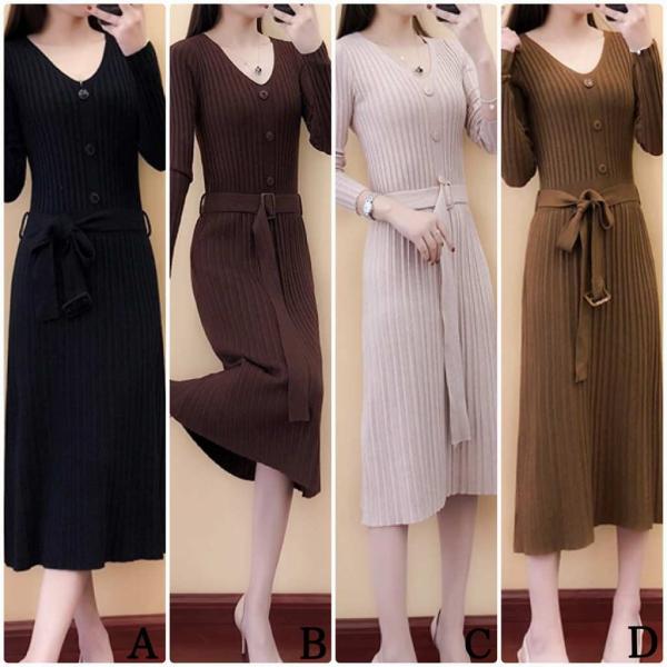 レディース ワンピース ニットワンピ ミディ丈 無地 長袖 ブラック ブラウン カーキ ライトブラウン フリーサイズ ワンサイズ 送料無料