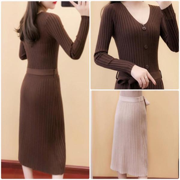 レディース ワンピース ニットワンピ ミディ丈 無地 長袖 ブラック ブラウン カーキ ライトブラウン フリーサイズ ワンサイズ 送料無料