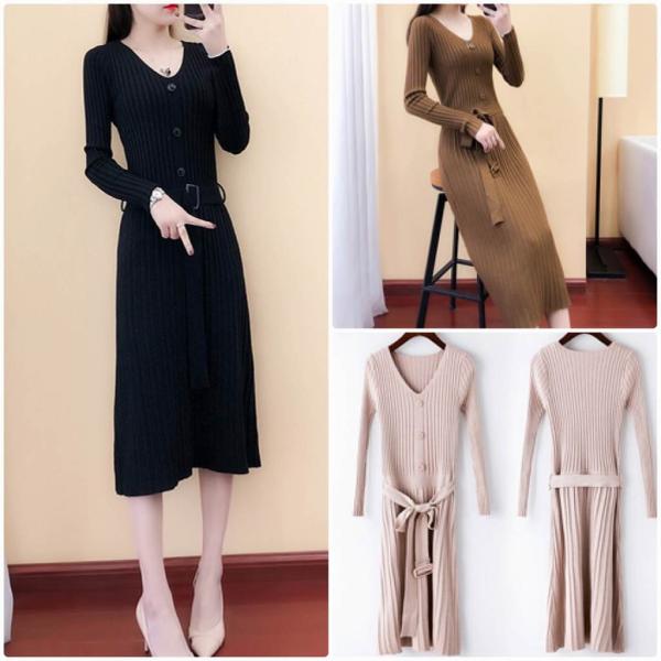 レディース ワンピース ニットワンピ ミディ丈 無地 長袖 ブラック ブラウン カーキ ライトブラウン フリーサイズ ワンサイズ 送料無料