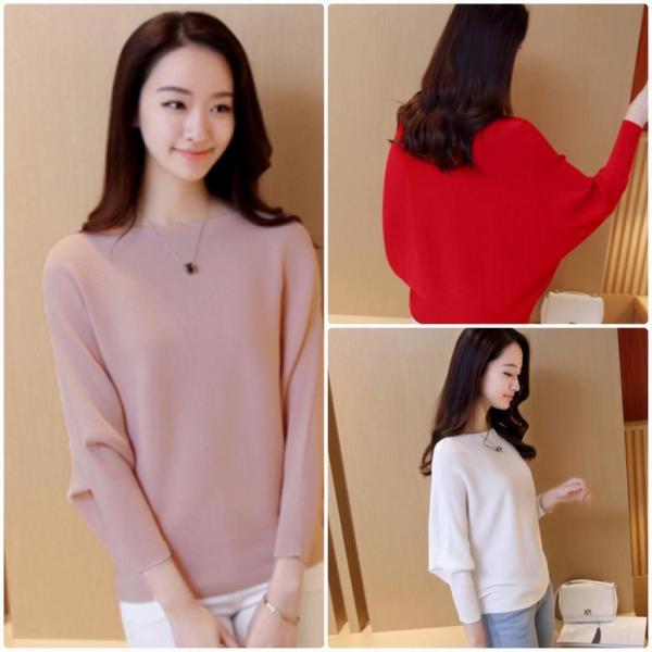 レディース ニット セーター ドルマンスリーブ 長袖 トップス 秋 冬レッド ブラック ピンク ホワイト グレー イエロー フリーサイズ 送料無料