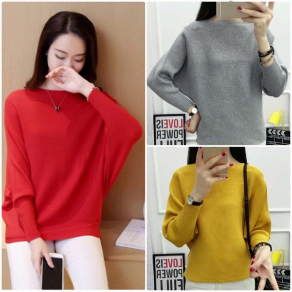 レディース ニット セーター ドルマンスリーブ 長袖 トップス 秋 冬レッド ブラック ピンク ホワイト グレー イエロー フリーサイズ 送料無料